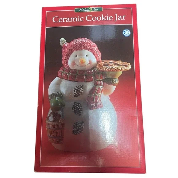 Holiday Time Ceramic Cookie Jar Snowman with Pie‎ Christmas Holiday Decor - Picture 1 of 12